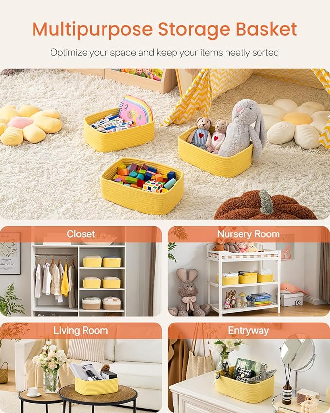 KALLAX Small Woven Basket, 12 x 8 x 4.5 Inches, Storage Basket for Organizing, Cute Small Rope Shelf Closet Cube Storage Bins Baskets for Shelves, Dog Toy Gift Baskets Empty, 3 Pack Yellow-Ruum Studio Home