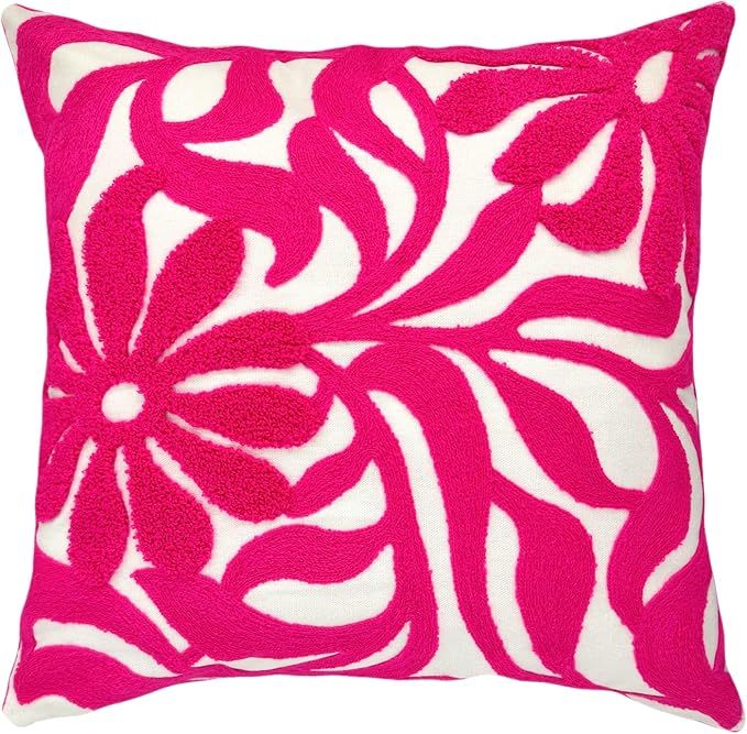 Alysheer Farmhouse Floral Leaves Embroidered Decorative Throw Pillow Cover 18x18 inches, Boho Tufted Flowers Embroidery Pattern Chic Cotton Cushion Case for Couch Bed Sofa Living Room(Bright Hot Pink)-Ruum Studio Home