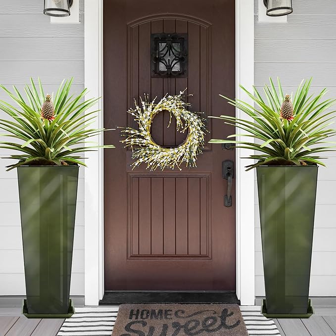 KOL 28''H. Tall Metal Planter with Saucer, Galvanized Steel Glazed Planter Pots with Drainage Hole for Indoor & Outdoor Use, Set of 2, Decorative Flower Plant Pots for Front Porch, Patio, Deck - Green-Ruum Studio Home