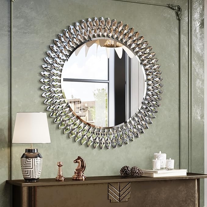 Kelly Miller Jeweled Mirror for Wall, 28 Inch Round Luxury Mirror with Sparkling Diamonds Beveled Modern Wall Decor for Bathroom, Living Room, Bedroom, Hallway-Ruum Studio Home