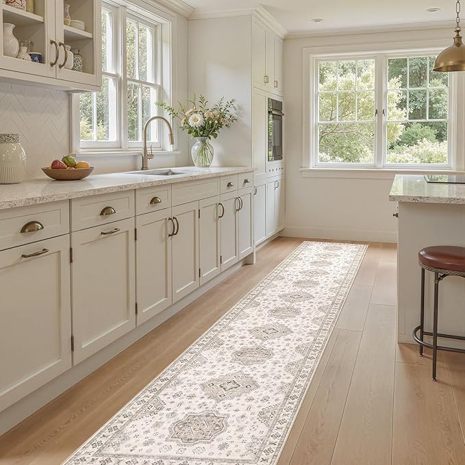 Washable 2.6x12 Runner Rug - Area Rugs Neutral Vintage Distressed Floral Farmhouse Boho Large Soft Floor Rug Indoor Carpet for Hallway Entryway Kitchen Home - Beige Brown-Ruum Studio Home