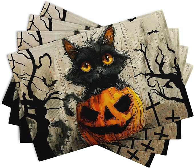 Halloween Black Cat Pumpkin 12x18 Placemats Set of 4 Happy Halloween Bat Branch Linen Table Place Mat Seasonal Fall Washable Heat Resistant Non Slip Table Placemats for Party Kitchen Dining Decor-Ruum Studio Home