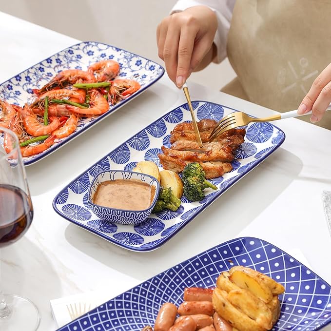 Selamica Ceramic Rectangular Serving Platters Set of 4, 12 Inch Serving Trays/Dishes for Party Entertaining, Rectangular Dinner Plates for Appetizer Salad Dessert Sushi, Vintage Blue-Ruum Studio Home