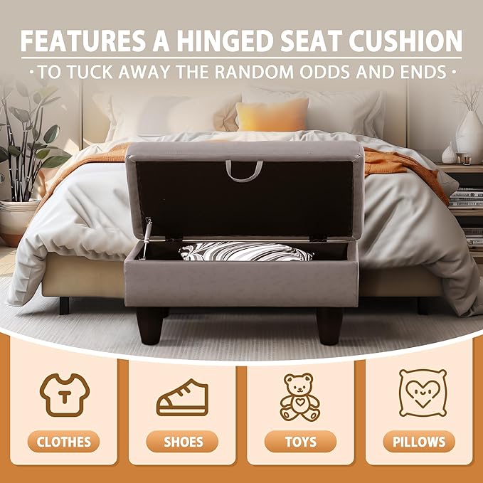 Ottoman Rectangular Storage Ottoman Bench, Faux Leather Footrest, Coffee Table, Stool Footstool with Hinged Lid for Living Room, Bedroom, Entryway, Champagne, 28.5"x19"x17.5"-Ruum Studio Home