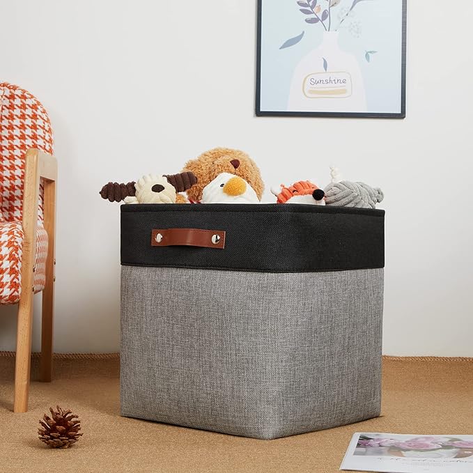 DULLEMELO Storage Bins for Organizing,Closet Storage Baskets for Gift Empty,Large Linen Canvas Storage Bins with Handles for Home Office Toys Shelves(Black&Grey, 13 inch Cube)-Ruum Studio Home