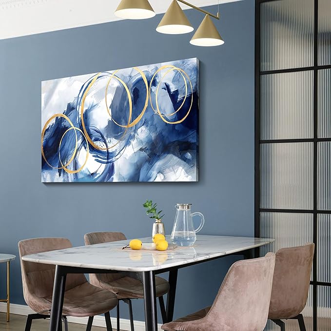 AJAZIKO Abstract Wall Art Blue Modern Art Wall Decor Artwork For Walls Living Room Huge Wall Canvas Office Pictures For Wall Navy Gold Contempor Decorations For Bedroom Size 24x48in-Ruum Studio Home