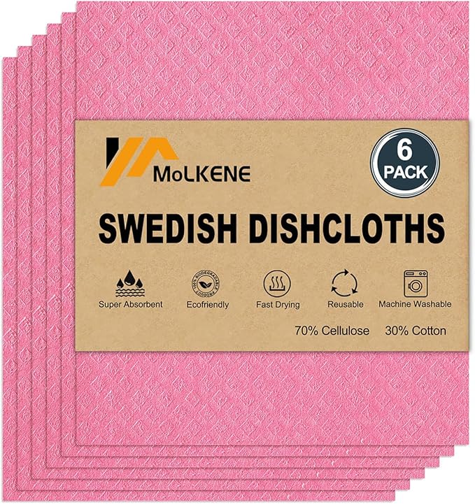 Swedish Dishcloths for Kitchen | 6 Pack Absorbent Cellulose Sponge Cloths Washable | Non-Scratch Reusable Paper Towels Quick Drying Cleaning Cloths - Pink-Ruum Studio Home