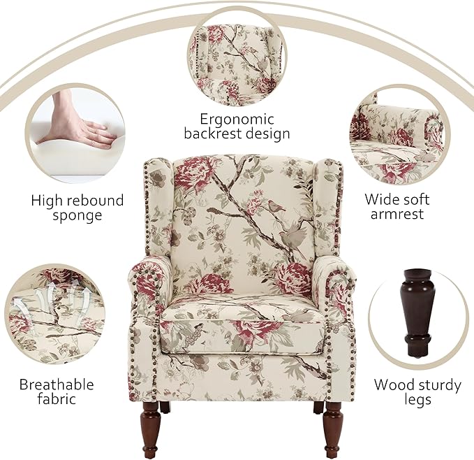 Lumibee Wingback Accent Chair, 2 Set High Back Floral Armchairs in Fabric,Comfy Upholstered Reading Single Sofa Chairs with Solid Wood Legs for Living Room,Bedroom,Office-Floral Beige-Ruum Studio Home