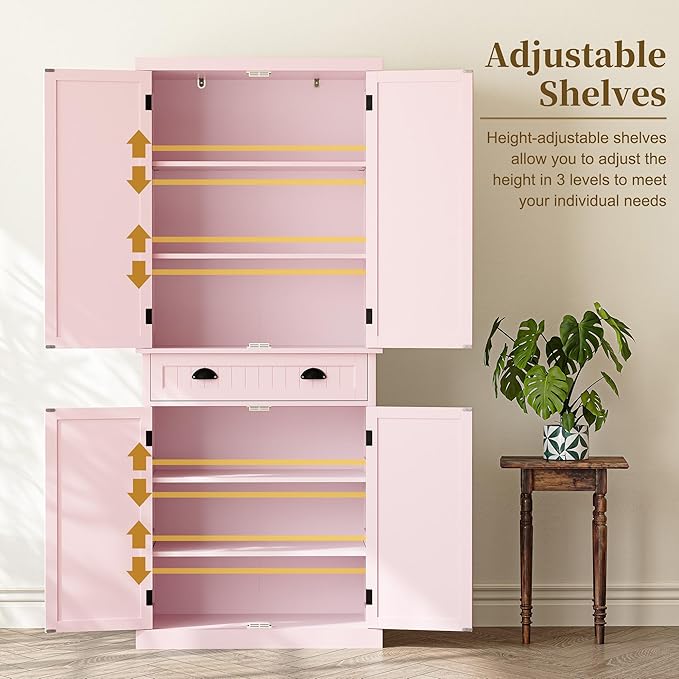 ARTPOWER 72" Tall Kitchen Pantry Storage Cabinet with Drawer and Adjustable Shelves, Pantry Cabinet for Kitchen, Bathroom or Hallway, Pink-Ruum Studio Home
