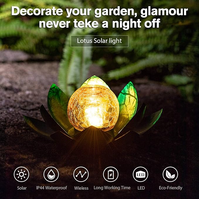 Solar Light Outdoor(2Pack), Art Crackle Globe Glass Lotus Decoration, Solar LED Waterproof Blue Metal Flower Lights for Patio,Lawn,Walkway,Tabletop-Ruum Studio Home