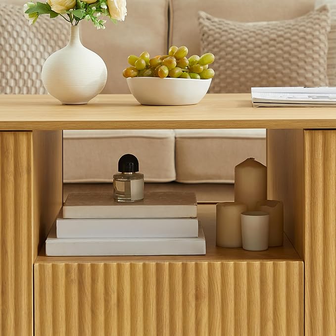 46.5" Oval Coffee Table with Drawers and Storage Mid Century Modern Fluted Solid Wood Side Coffee Tables, Luxury Tea Table Center Table for Living Rooms Offices Apartmen, Natural-Ruum Studio Home