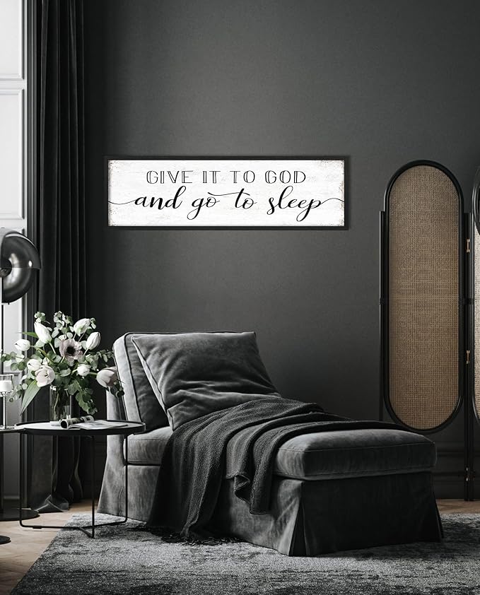 Give It to God and Go to Sleep Sign: Farmhouse Bedroom Wall Decor Above Bed Rustic Country Master Bedroom Framed Hanging Decor Country Plaque 12" x 40"-Ruum Studio Home