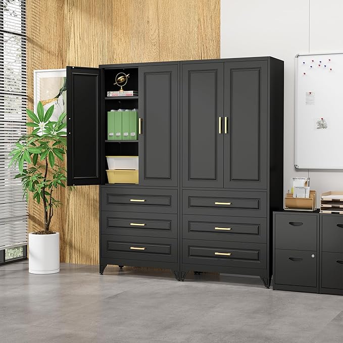 75" Kitchen Pantry Cabinet with 3 Drawers,Metal Storage Cabinets with Doors and 4 Adjustable Shelves,Black Kitchen Cabinet with 2 Gold Handles,Food Cupboard for Livingroom, Bathroom,Pantry-Ruum Studio Home