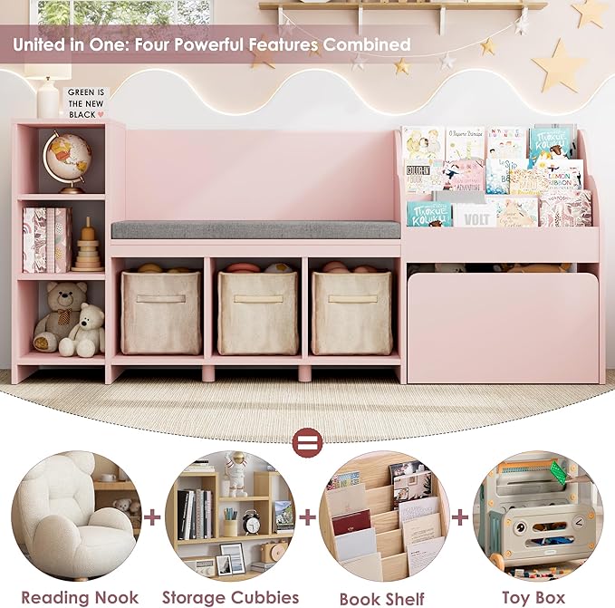 HOSTACK 67" Kids Reading Nook with Bench, Kids Bookshelf and Bookcase with Seat Cushion and 6 Storage Cubbies, Toy Storage Box on Wheels, Toy Chest for Playroom, Bedroom, School, Pink-Ruum Studio Home