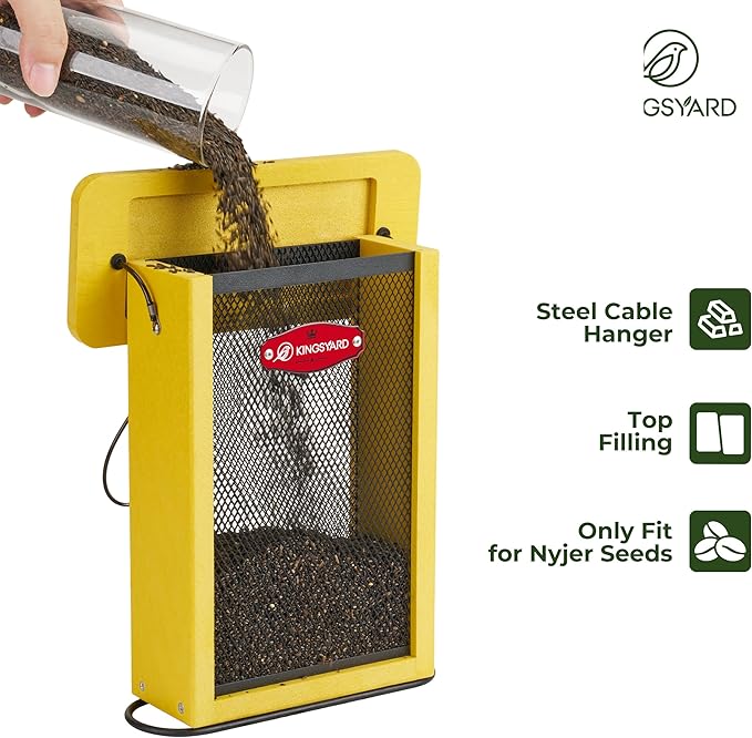 Kingsyard Metal Mesh Bird Feeder for Outdoors Hanging, Finch Feeder for Nyjer/Thistle, Sliding Mesh & Built-in Perch, Recycled Plastic, Yellow-Ruum Studio Home