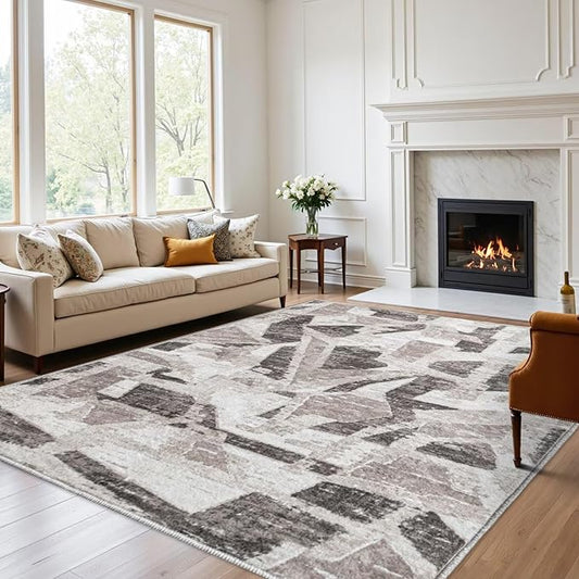 Modern Abstract 8X10 Area Rug for Living Room Bedroom Washable, with Non-Slip Rubber Backing Print Faux Wool Thin, Grey Throw Large Carpet for Kids Playroom Dining Room Pet & Child Friendly-Ruum Studio Home