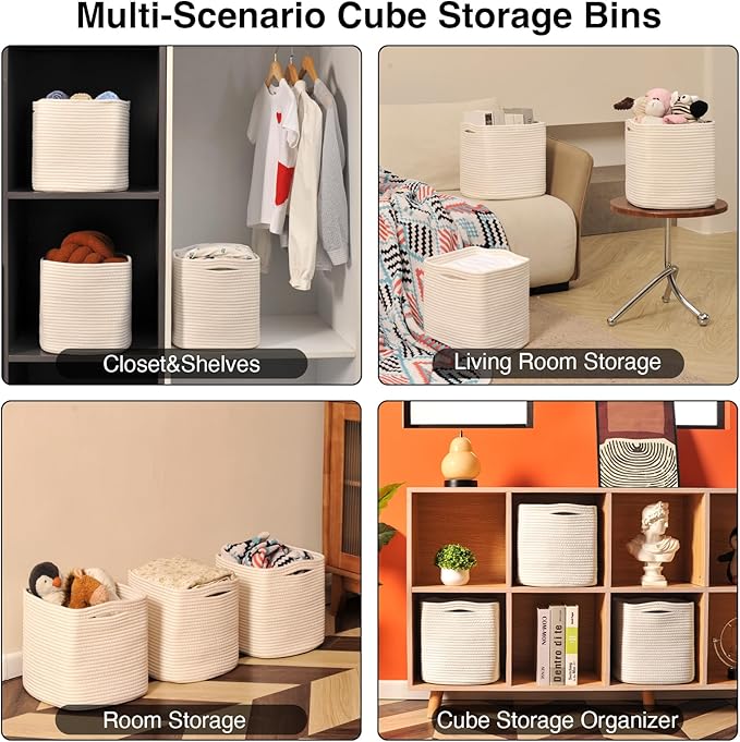 11 Inch Cube Storage Bins, Organizer Bins, Woven Cotton Rope Baskets for Storage, Storage Baskets for Organizing Shelves, White Basket for Toys, Off White (Pack of 3)-Ruum Studio Home