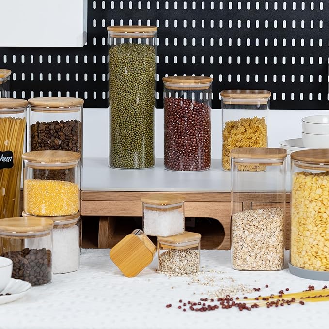 5oz Airtight Square Spice Containers with Bamboo Lid Set of 12 with Black Lables Storage Stackable Spice Jar, Kitchen Canister for Sugar, Tea, Flour, Salt and Seasonings (‎Clear Glass)-Ruum Studio Home