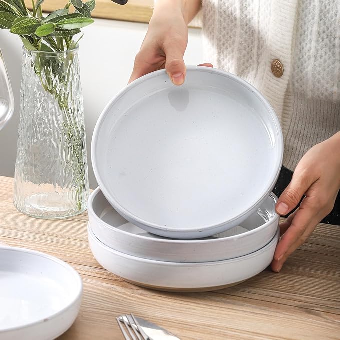 Pasta Bowls 26 OZ,Ceramic Salad Serving Bowls Set of 4,Large 8.2 inch Shallow Bowls Plates for Soup,Fruit,Noodle,Dinner,Dishwasher & Microwave Safe,White-Ruum Studio Home