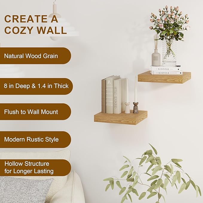 Fun Memories Floating Shelves, 8 Inch Deep Floating Shelves for Wall, 8 x 8 Wall Shelves, Rustic Wood Floating Shelf for Living Room, Bedroom, Bathroom, Oak Color, Set of 2-Ruum Studio Home