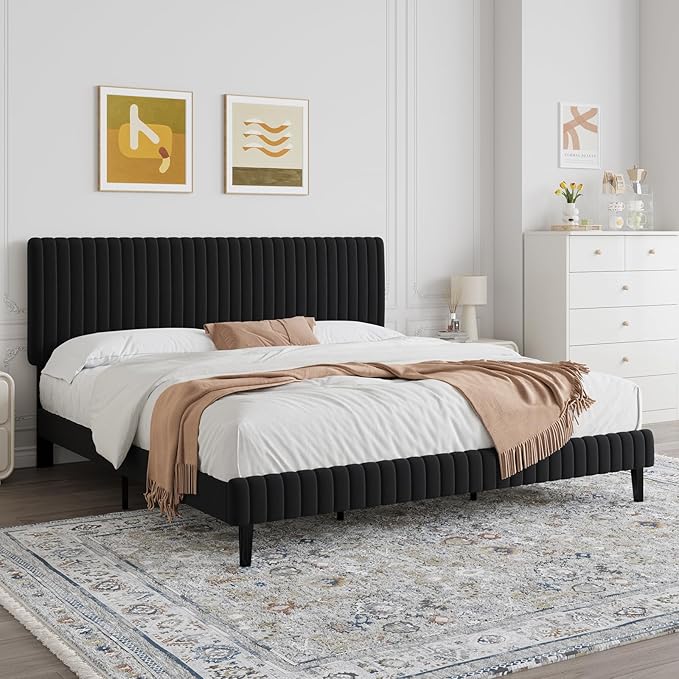 King Size Bed Frame, Velvet Upholstered Platform Bed with Vertical Channel Tufted Headboard and Footboard, No Box Spring Required, Easy Assembly, Black-Ruum Studio Home