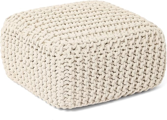 REDEARTH · Cube Low Pouf Foot Stool Ottoman - Hand Knitted Poof - Cord Boho Pouffe - Home Décor - Stuffed Footrest for Living Room - Nursery - Bedroom - Covered Patio - Room (16" x 16" x 8") - Ivory-Ruum Studio Home
