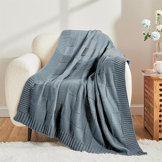 CozeCube Check Knit Throw Blanket, Dusty Blue Checkered Throw for Couch, Decorative Christmas Soft Cozy Warm Knitted Blanket for Bed Sofa Living Room, 50"X60"-Ruum Studio Home