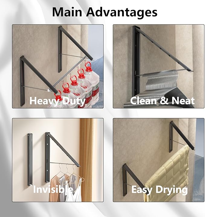 Dr.DJ Clothes Drying Rack with Rod, Wall-Mounted Retractable & Foldable Clothes Hanger for Laundry Room Organization and Storage, Metal Clothes Hanger Rack for Dorm, Closet, Balcony 2Rack, 1Rod Black-Ruum Studio Home