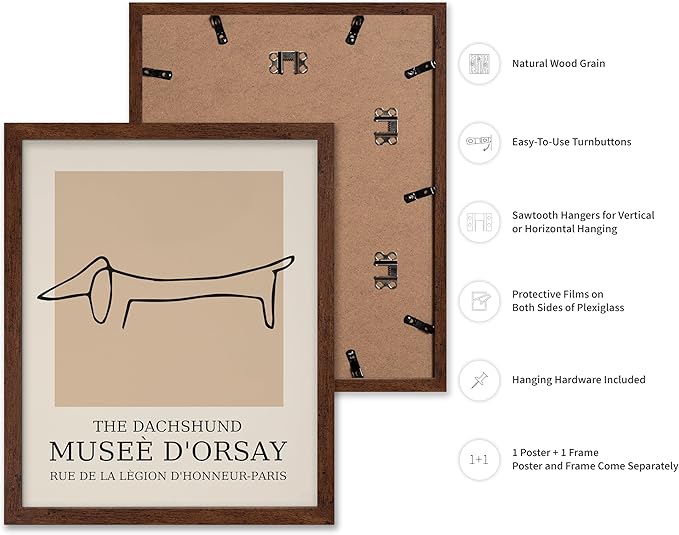 Poster Master Vintage Poster - Retro Minimalist Print - Gift for Artist, Housewarming - Dachshund Dog, Line Drawing, Abstract - Wall Decor for Living Room, Bedroom, 11x14 Brown Framed-Ruum Studio Home