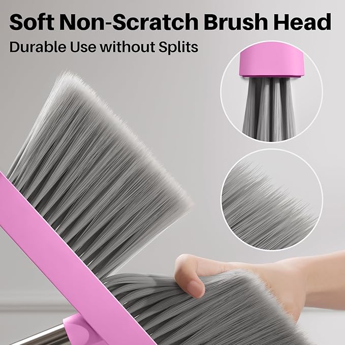 JOYMOOP Pink Broom and Dustpan Set with 56” Handle, Upright Angle with Built-in Comb Teeth for Hardwood Floors and Pet Hair-Ruum Studio Home