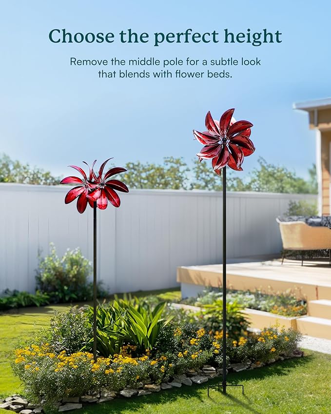 Wind Spinners Outdoor - Red Metal Windmill with Stake for Yard and Garden, Kinetic Wind Sculptures & Spinners, Gift Decor Ideas for Garden Lovers (12" W x 70" H)-Ruum Studio Home