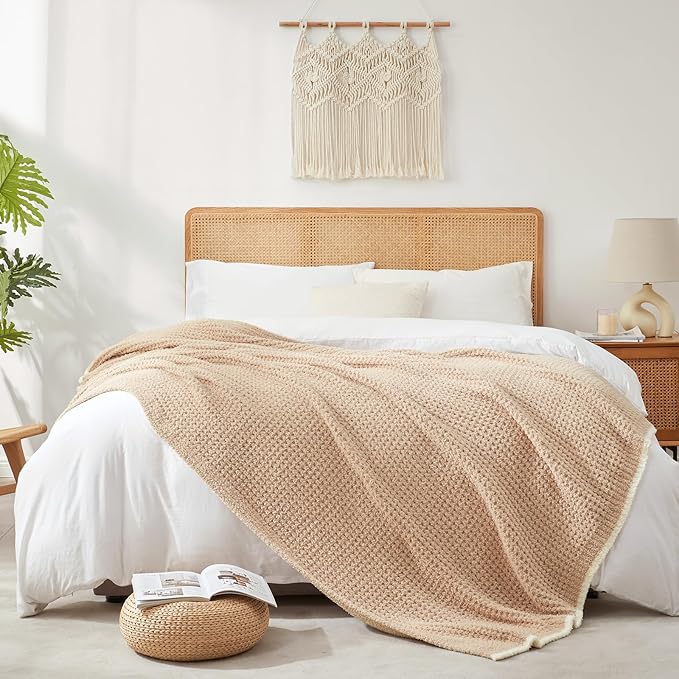 Snuggle Sac Beige Waffle Bedding Blankets Queen Size 90x90 inches, Reversible Microfiber Fluffy Fuzzy Soft Throw Cozy Knit Blanket for Women Mothers Birthday Gifts-Ruum Studio Home