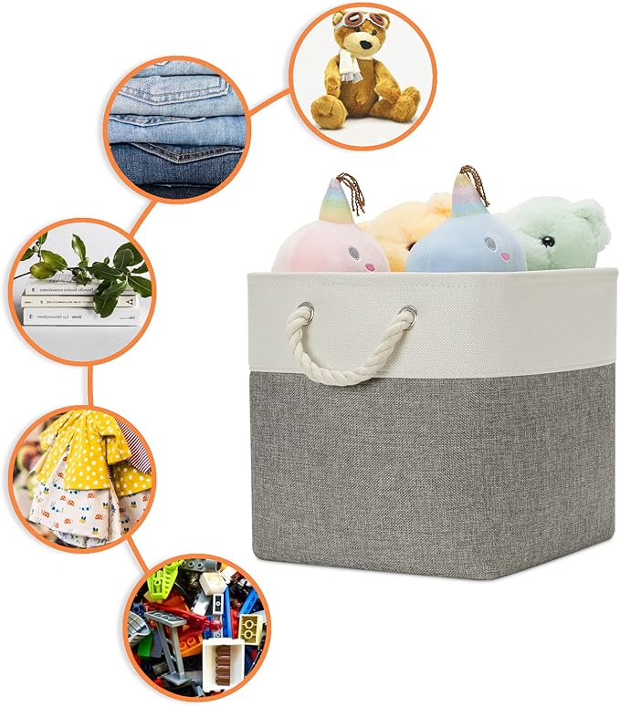 DULLEMELO Cube Storage Bins Set of 4 Fabric Storage Cubes Organizer Bin with Handles, Collapsible 12 Inch Cube Storage Baskets for Organizing, Closet, Shelf, Nursery (White&Grey)-Ruum Studio Home