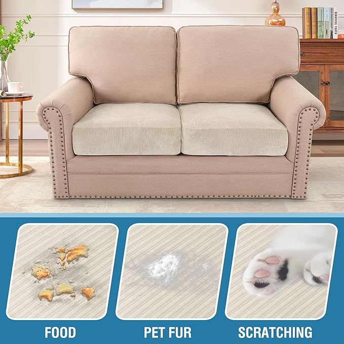 H.VERSAILTEX Velvet Stretch Couch Cushion Cover Plush Cushion Slipcover for Chair Loveseat Sofa Cushion Furniture Protector Seat Cushion Sofa Cover (2 Piece Large Sofa Cushion Covers, Ivory Striped)-Ruum Studio Home