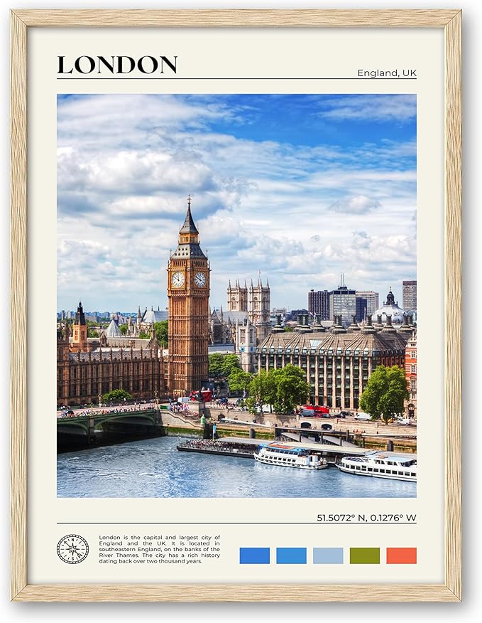 HesenDot Natural OAK Wood Framed London Wall Art,12x16in Cityscape Wall Print Posters,Classic Urban Landmark Wall Decor for Living Room,Bedroom,Office Set of 1-Ruum Studio Home