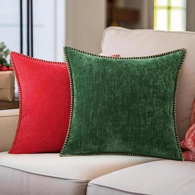 decorUhome Chenille Soft Throw Pillow Covers 20x20 Set of 2, Farmhouse Velvet Neutral Decorative Euro Pillow Covers with Stitched Edge for Couch Sofa Bed Home Decor, Red-Ruum Studio Home