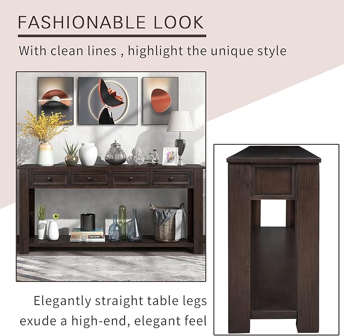 63" Solid Wood Console Table Sofa Table with Storage Drawers and Bottom Shelf,Farmhouse Entryway Table for Hallway Foyer,Sofa Couch Table,Fully Assembled (63" Espresso)-Ruum Studio Home