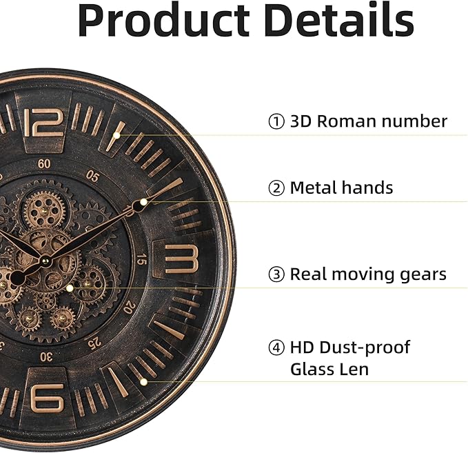 20in Large Real Moving Gears Wall Clock for Living Room, Battery Operated Wall Clocks Decorative Vintage, Home Office Clock, Gift for Family, Friends-Ruum Studio Home
