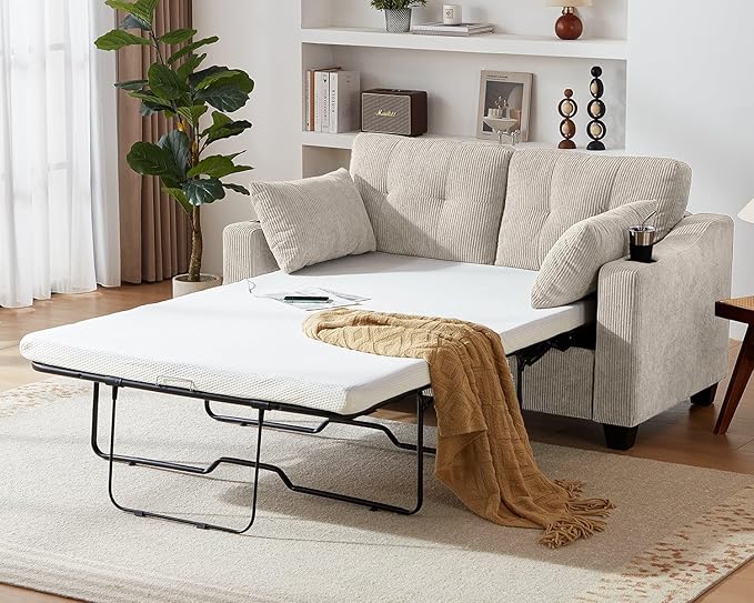 CHIC HOUSE Pull Out Sofa Bed, Full Size Sleeper Sofa, 2-in-1 Convertible Corduroy Couch with USB Charging, Memory Form Couch for Living Room, Apartment and Small Space (Beige, Corduroy - Full Size)-Ruum Studio Home