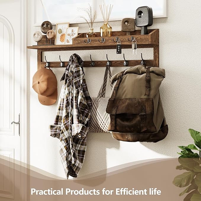 AMBIRD Coat Rack Wall Mount, 35 inch Large Wall Hooks with Shelf, Entryway Shelf with 7 Dual Coat Hooks 4 Key Hooks Mail Organizer, Wooden Coat Hanger and Key Holder Wall Mount-Ruum Studio Home