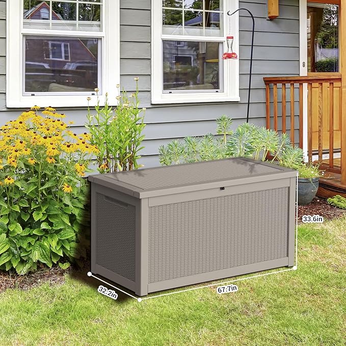 DRATO 260 Gallon Deck Box, Outdoor Large Waterproof Resin Storage Box with Lockable Lid for Patio Cushions, Gardening Tools, Sports Equipment, Light Brown-Ruum Studio Home
