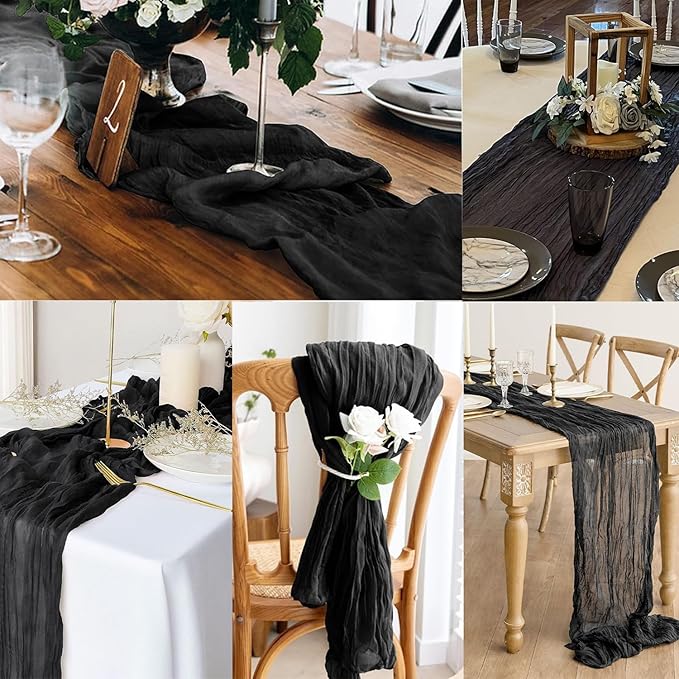 10FT 6 Pack Black Cheesecloth Table Runner 20 x 120 Inch Long Boho Fabric Rustic Cheese Cloth Table Runner for Wedding Bridal Shower Baby Shower Gauze Sheer Birthday Party Table Decorations-Ruum Studio Home