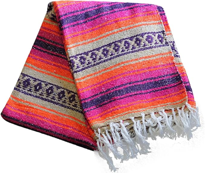 Del Mex Classic Mexican Blanket, Large Authentic Woven Falsa Throw (70"x50"), Artisan Southwest Décor for Beach, Yoga, Outdoors (Pink/Orange)-Ruum Studio Home