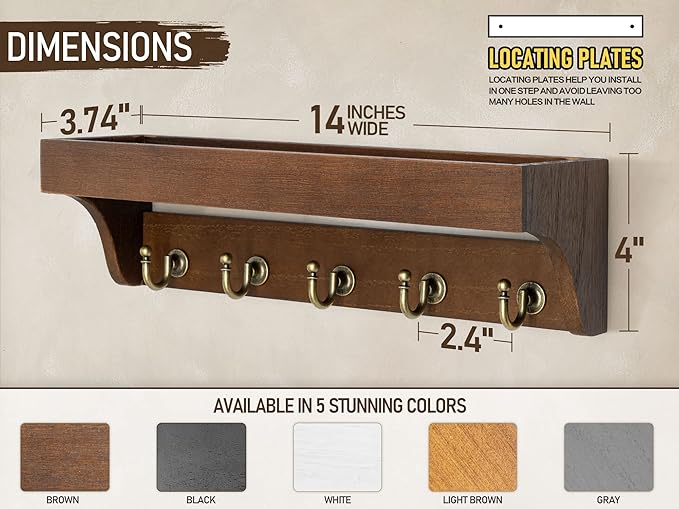 Rebee Vision Farmhouse Key Holder for Wall - Decorative Wooden Mail Organizer with 5 Rustic Key Hooks and Floating Shelf for Home Decor, Hallway, Entryway, Appartment (Retro Brown)-Ruum Studio Home