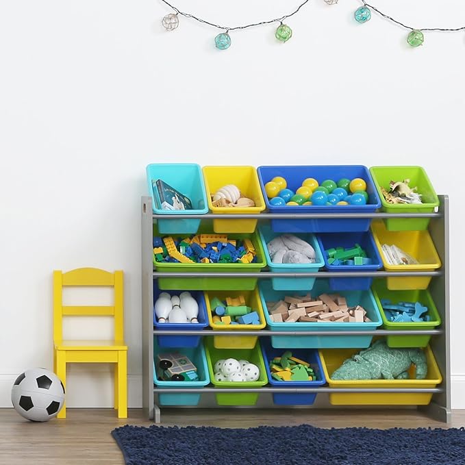 Humble Crew Supersized Toy Storage Organizer with 16 Removable Bins, Grey/Blue/Green/Yellow – Large Toy Storage for Toddlers Ideal for Kids' Rooms, Playrooms, and Nurseries - Modern Toy Bins for Kids-Ruum Studio Home