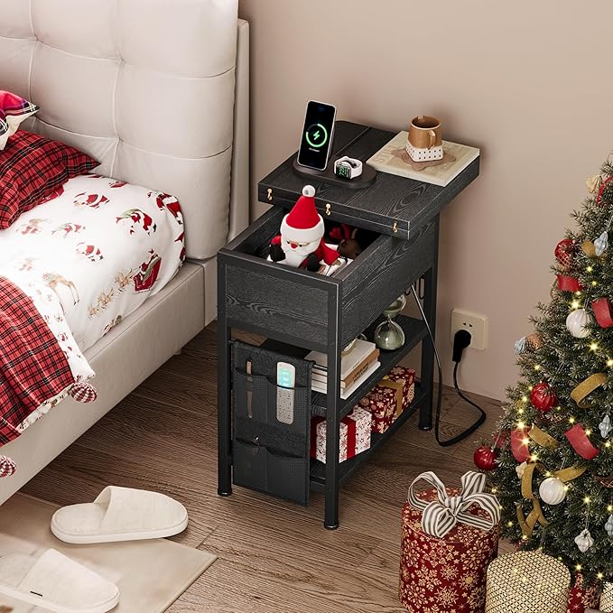 End Table with Charging Station, Flip Top Nightstand with USB Ports and Outlets,Couch Side Table with Fabric Bag and Hooks, Bedside Table for Space Saving, Living Room, Bedroom (Black)-Ruum Studio Home