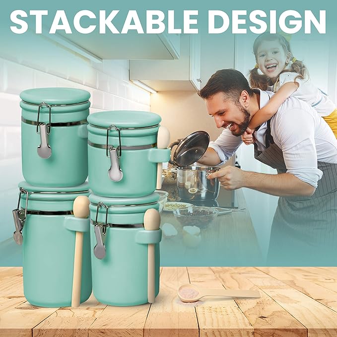 Home Intuition 4-Piece Ceramic Kitchen Canisters Set, Airtight Containers with Wooden Spoons Reusable Chalk Labels and Marker for Sugar, Coffee, Flour, Tea (Turquoise)-Ruum Studio Home