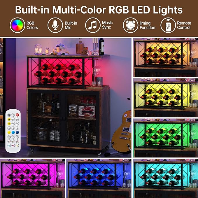 Wine Bar Cabinet with Wheels, 4-Tier Bar Cart with Power Outlets and LED Light, Liquor Cabinet Home Mini Bar with Wine Rack, Coffee Bar Cabinet for Liquor, Rustic Brown-Ruum Studio Home