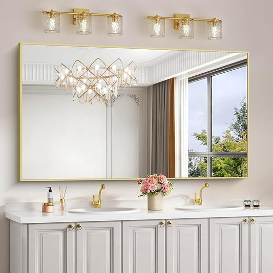 30x55In Gold Bathroom Mirror for Wall, Brushed Gold Rectangle Mirrors with Metal Frame, Bathroom Rectangular Mirror Modern Wall Mirror for Bedroom Living Room, Hangs Horizontal or Vertical-Ruum Studio Home