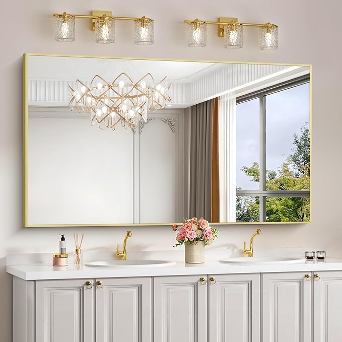 Gold Bathroom Mirror for Wall, 60x30 Inch Rectangle Mirrors with Metal Frame, Modern Vanity Wall Mirror Decor for Bathroom Living Room, Entryway Hangs Horizontal or Vertical-Ruum Studio Home